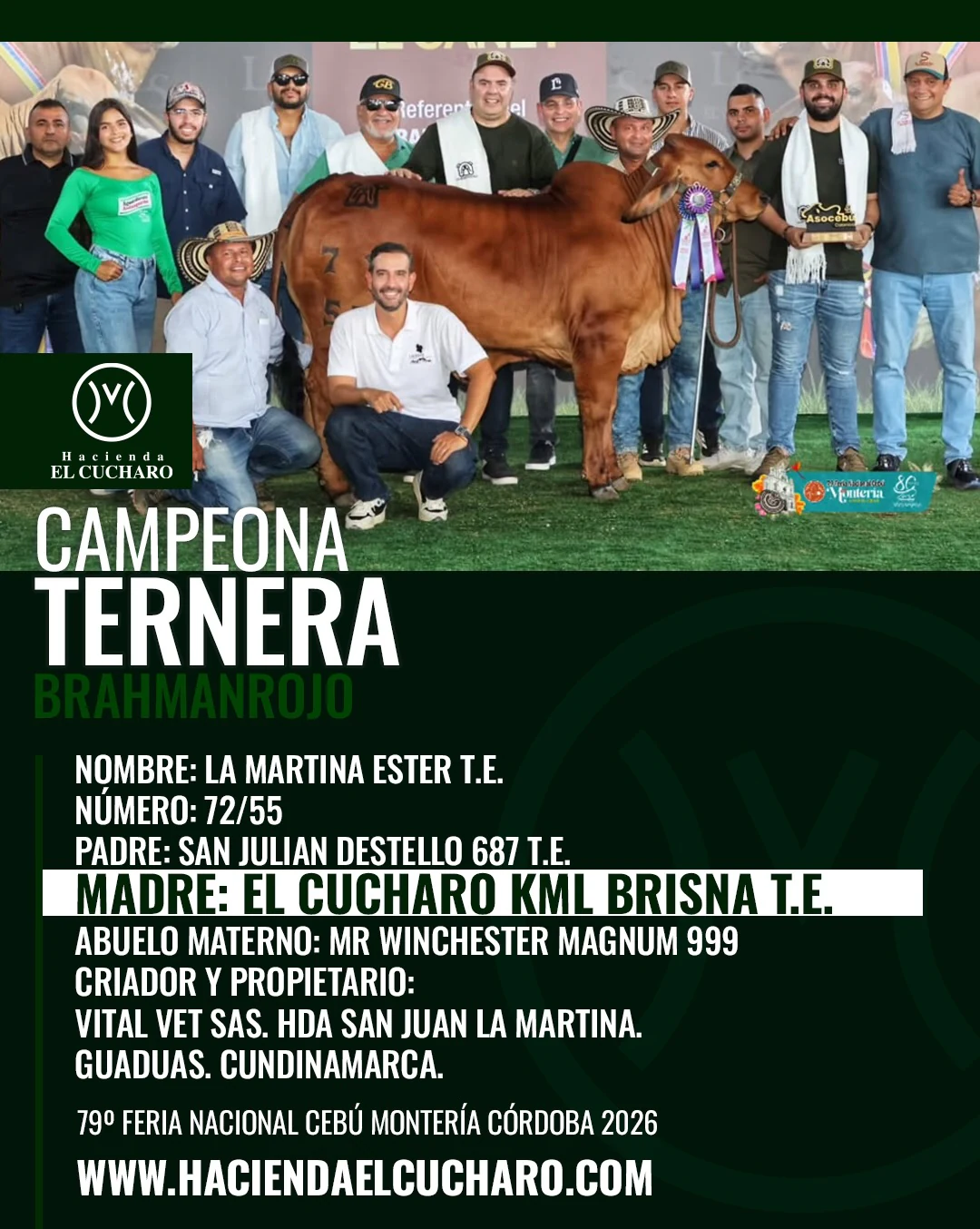 Campeona Ternera Brahman Rojo: La Martina Ester T.E. 72/55, hija de El Cucharo KML Brisna T.E., en la 79.ª Feria Nacional Cebú Montería 2026